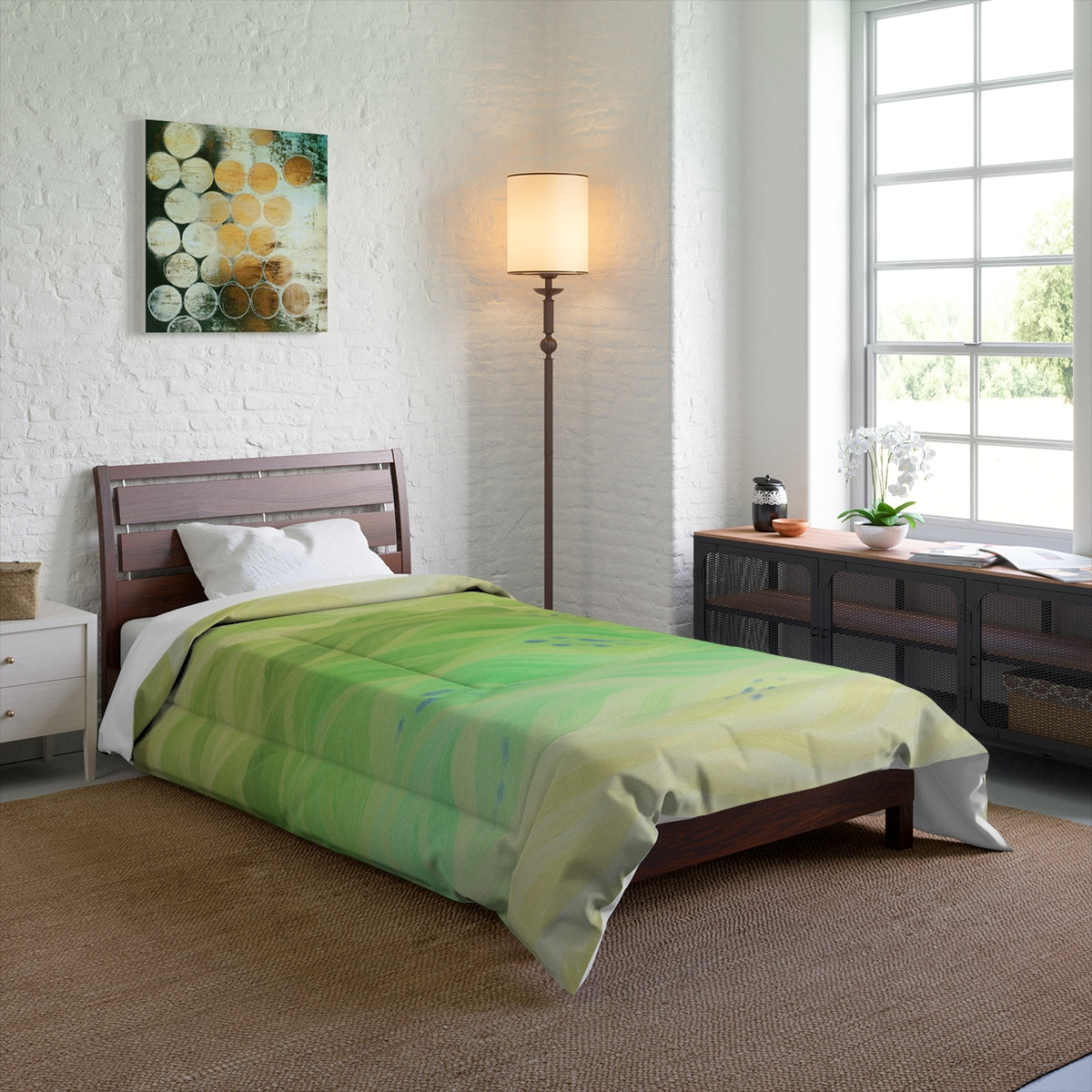 Airy bedroom mockup featuring the inverted comforter on a twin bed; light green tones brighten the space. Size: 68" × 88"