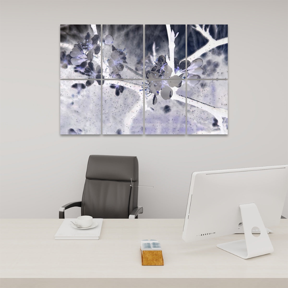 Inverted version of blooming white spring flowers in rain, displayed on 8 acoustic wall panels with surreal contrast and reversed tones.