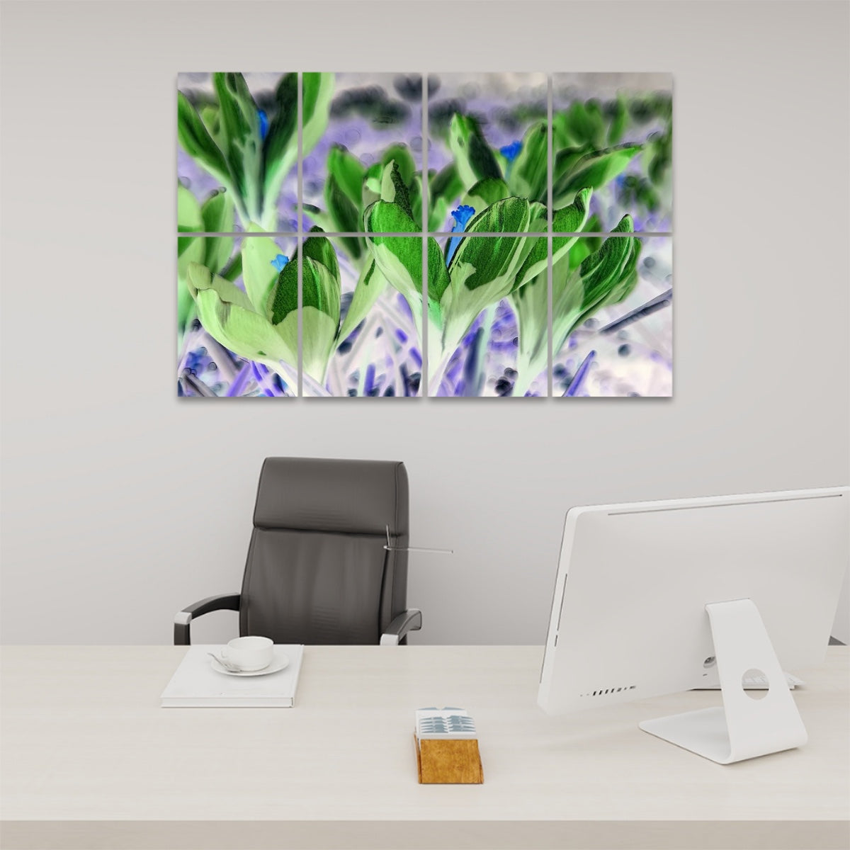 Inverted color variant of crocus flower wall art, creating a bold, abstract impression across 8 sound-absorbing panels.