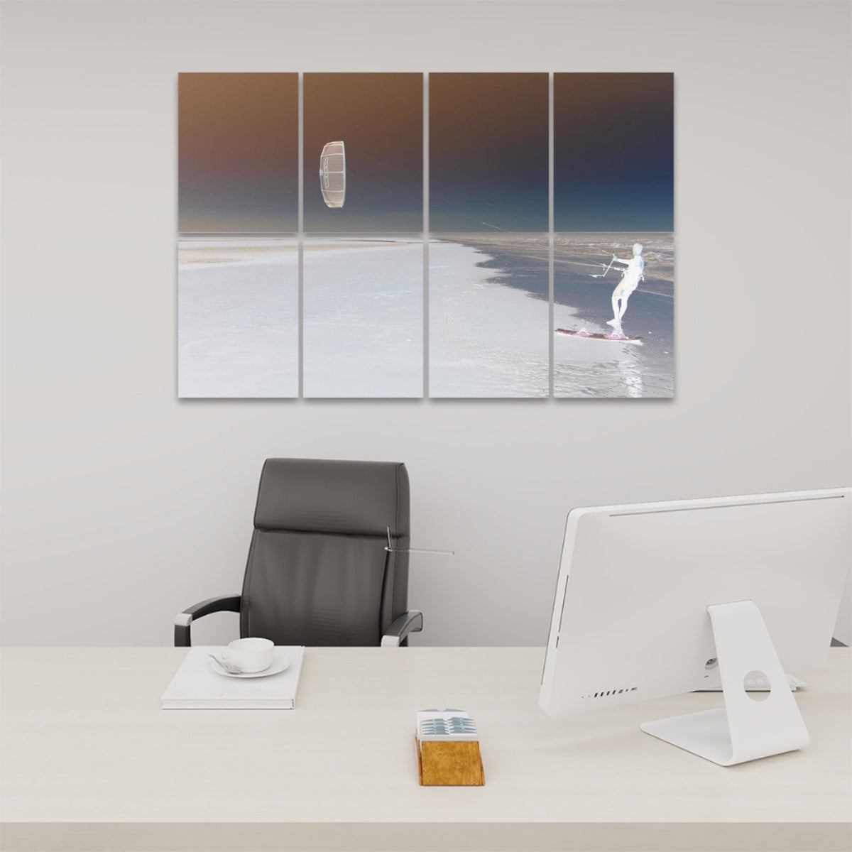 Inverted color version of a kitesurfer and kite at the edge of the sea, spanning 8 acoustic panels with reversed tones and surreal contrast.