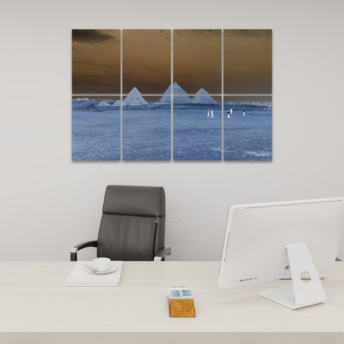 High-contrast inverted version of the desert and pyramids scene, abstract and bold across 8 sound-absorbing panels.