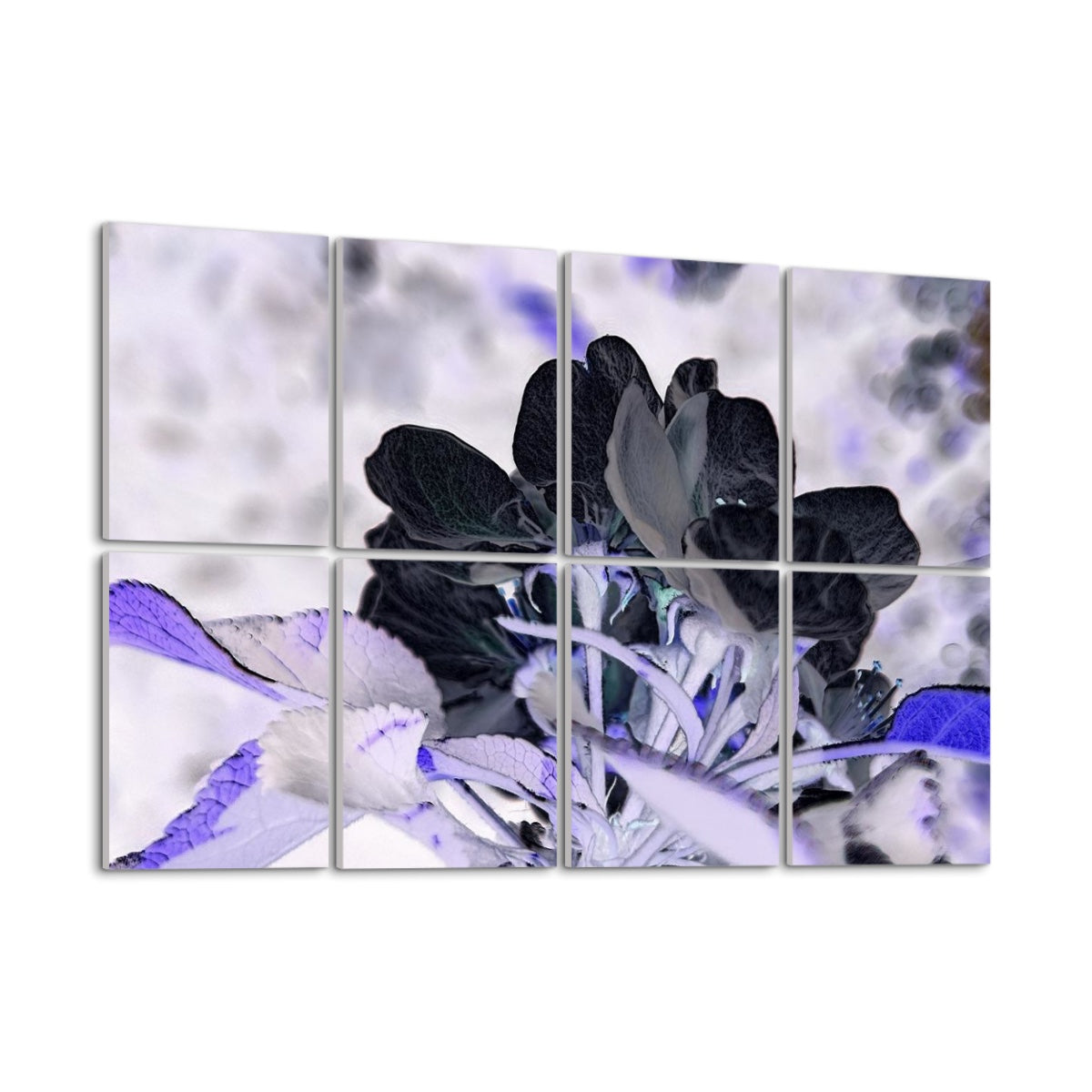 Inverted-tone image of spring blossoms and leaves with strong light contrast, split between 8 floral acoustic wall panels.