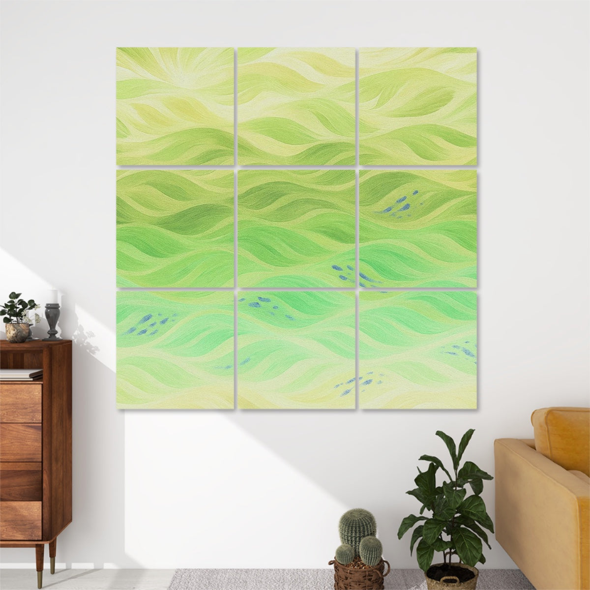 Nine panels in mint and lemon-yellow inversion of the wave motif, displayed in a neat grid