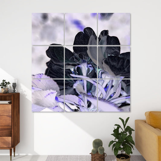 Inverted version of black and white floral artwork with reversed tones and high contrast, divided across 9 sound absorbing wall panels.