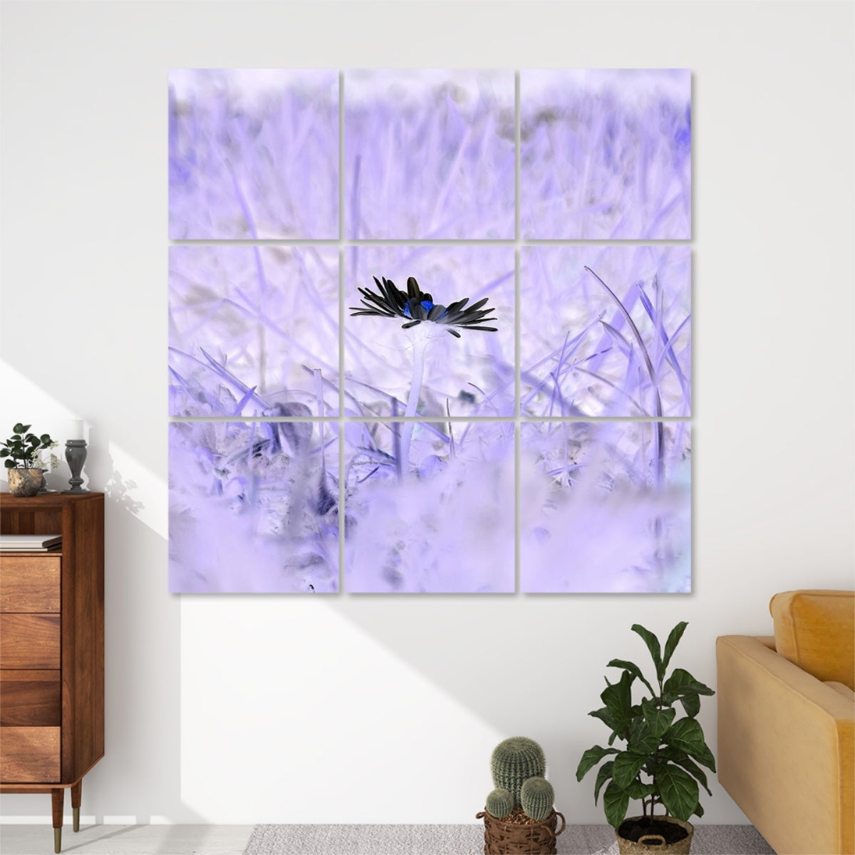 Inverted version of a daisy in a grassy field with high-contrast tones and reversed light, split across 9 decorative acoustic panels.