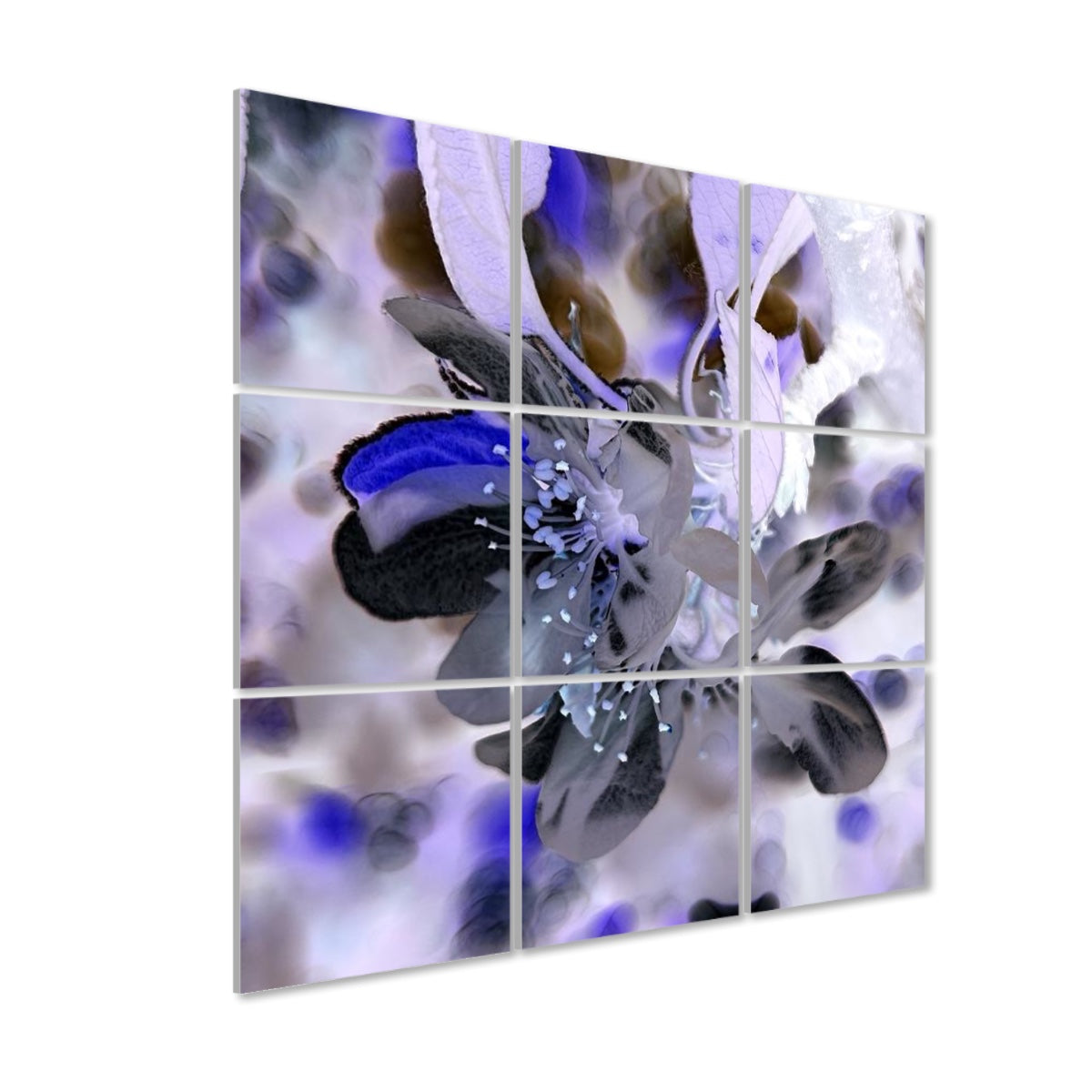 Left angle view of inverted floral wall panels with high contrast petals and reversed background tones arranged across 9 acoustic panels.