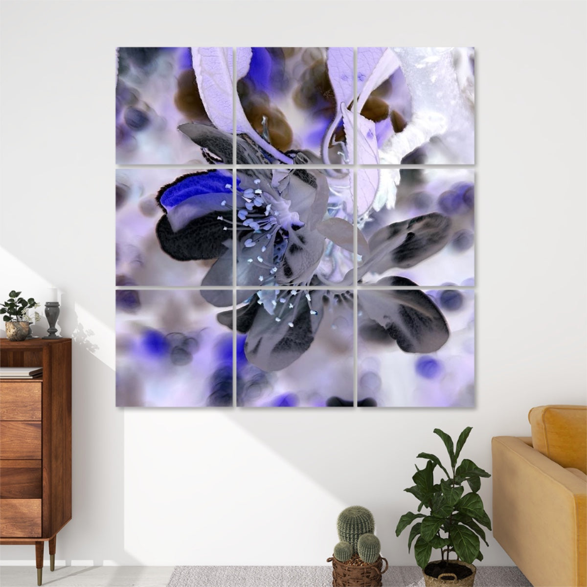 Inverted version of a softly lit flower with reversed tones and bokeh background, divided across 9 decorative acoustic wall panels.