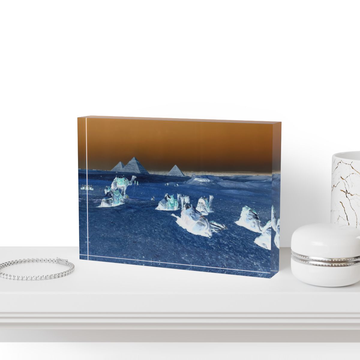Inverted-color acrylic block showing camels and pyramids in high contrast tones for a bold, graphic reinterpretation of this iconic landscape.