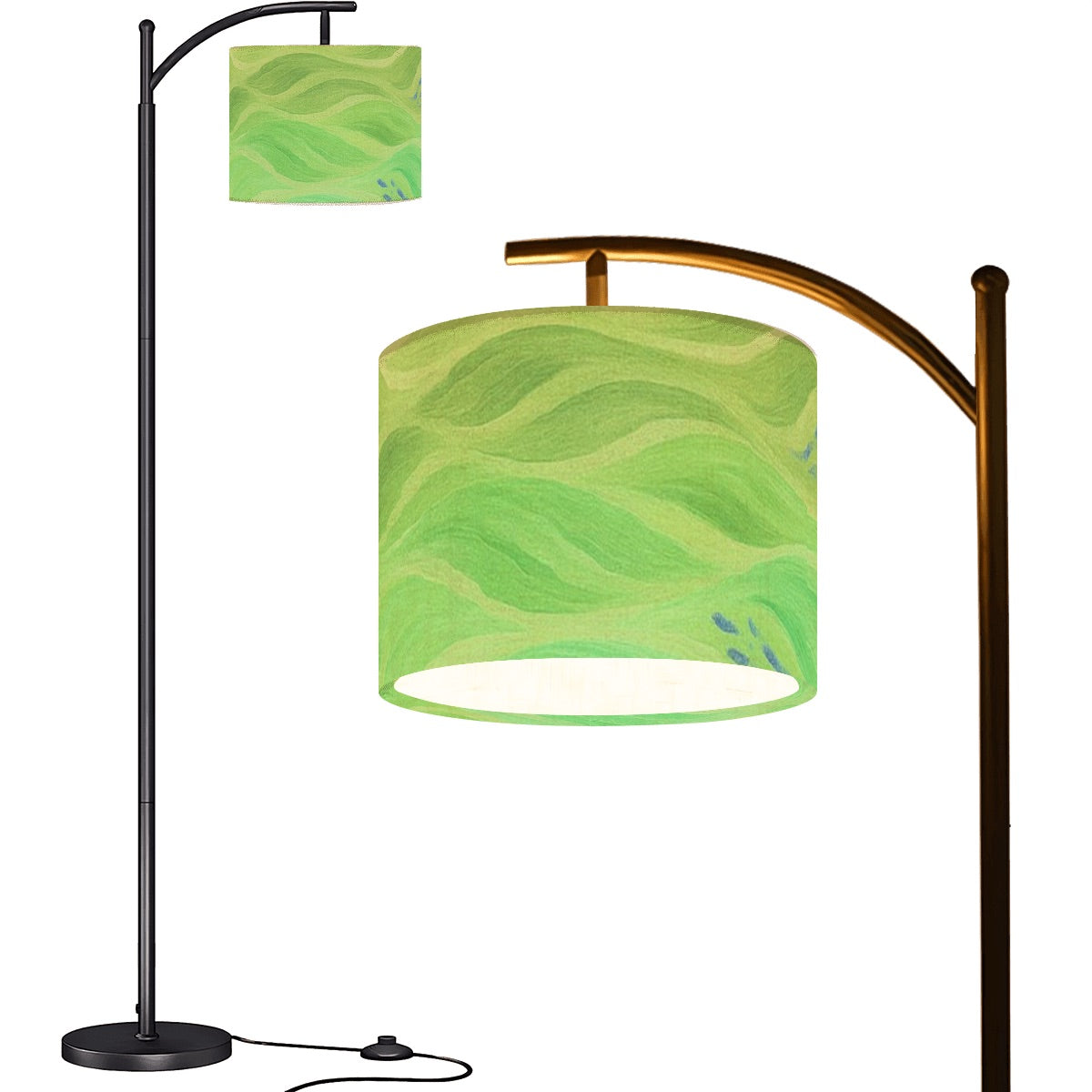 Arc floor lamp with black base and gold arm; linen shade with dark background and pale wave shapes for a reversed-color effect.