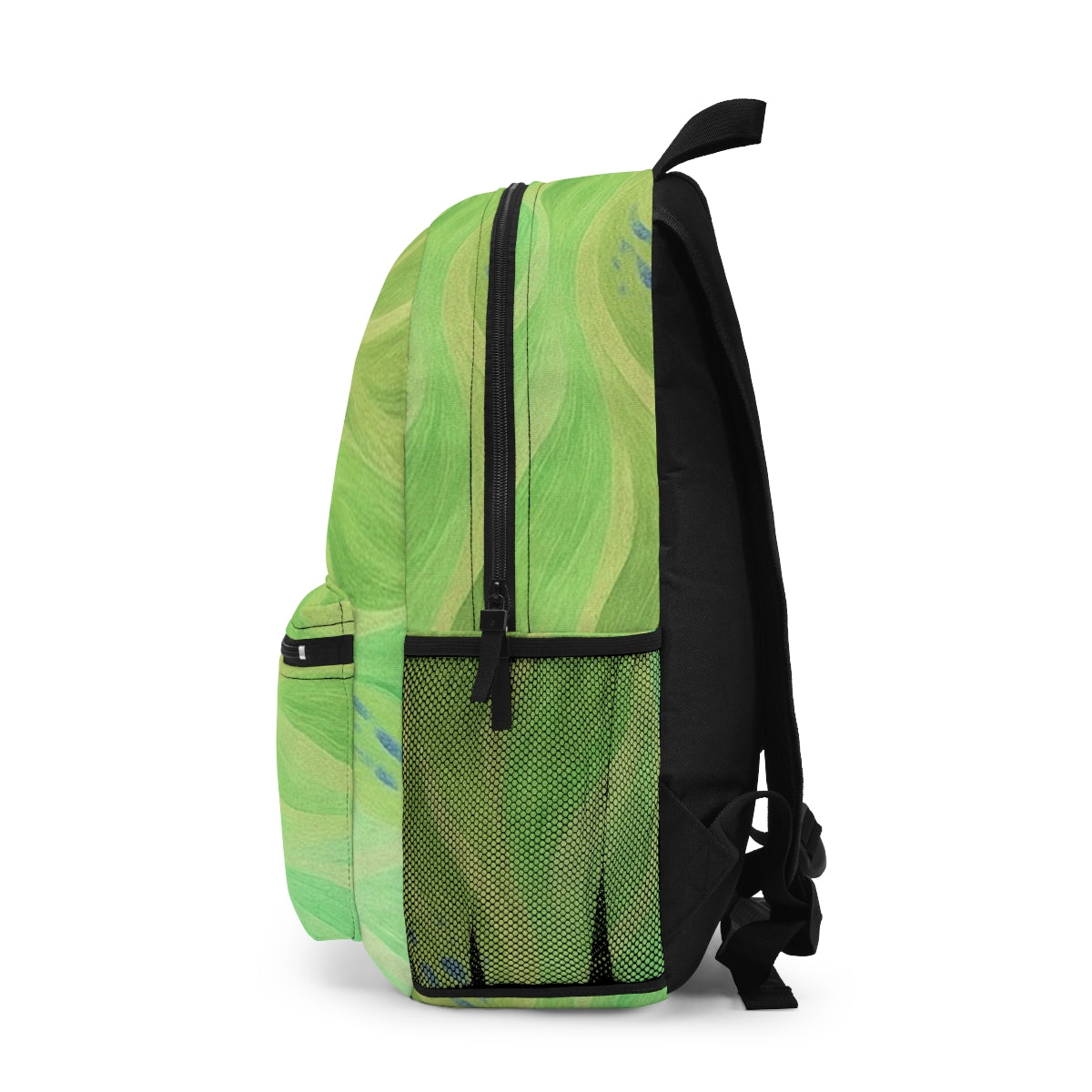 Left side of the backpack featuring flowing pastel green tones with hints of cool blue, mesh bottle pocket on the side