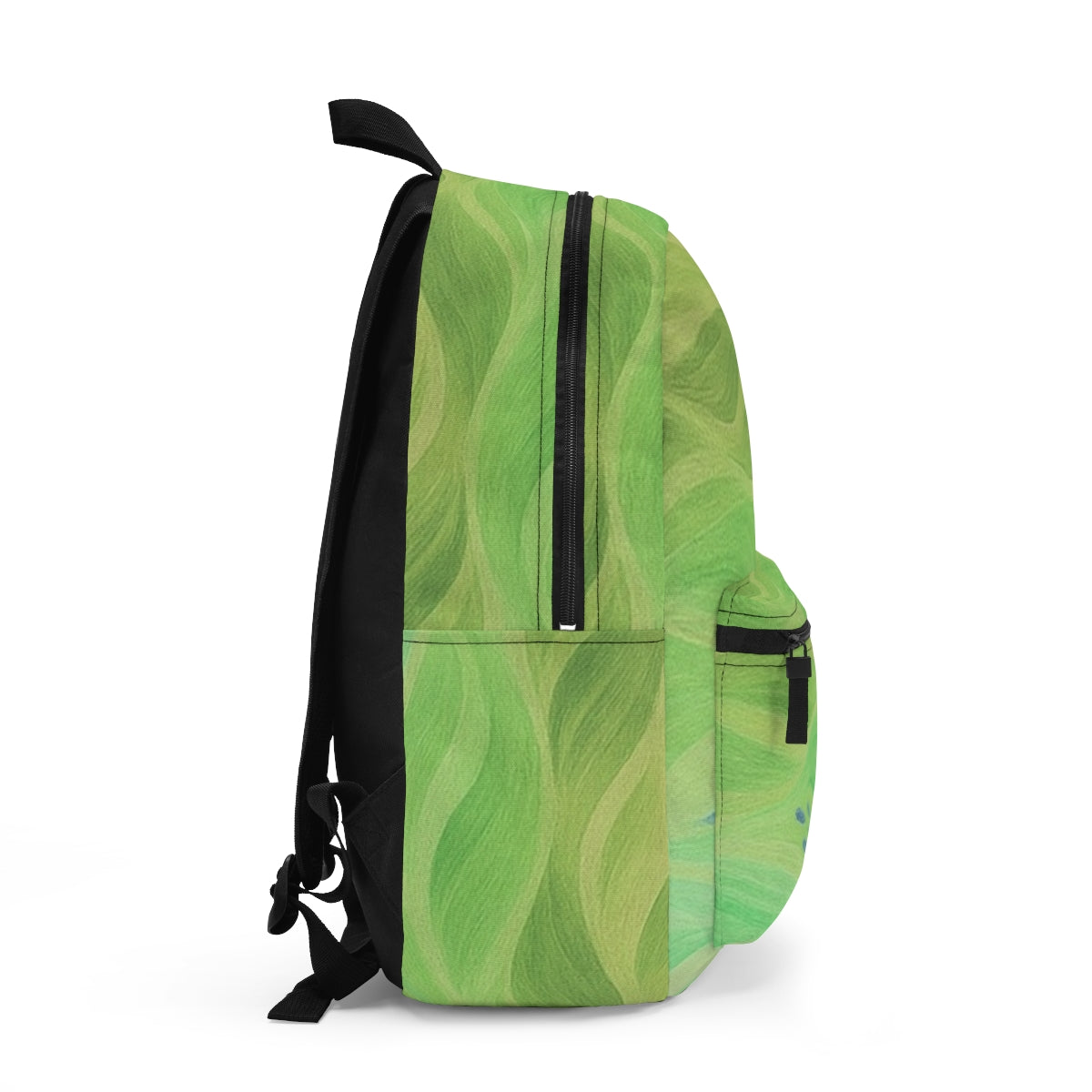 Right side with soft wave layers in green gradients, slightly reflective under light with strap details showing