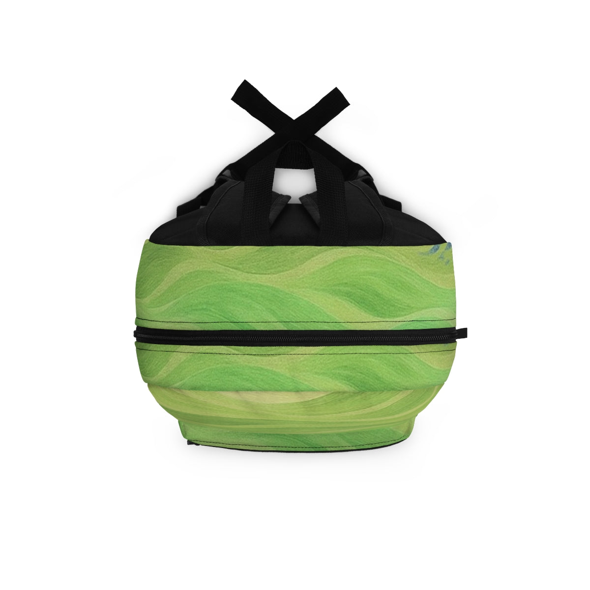 Top view of the backpack with muted green coloring and sweeping wave motion, black fabric handle at the center