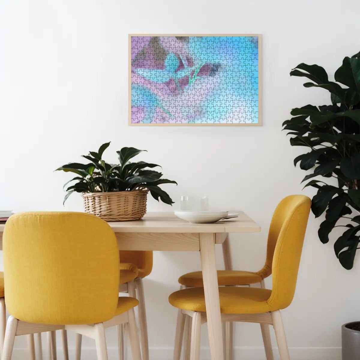 300-piece basswood puzzle showing inverted color version of abstract red and green foliage with artistic bokeh, size 15" x 10.2"