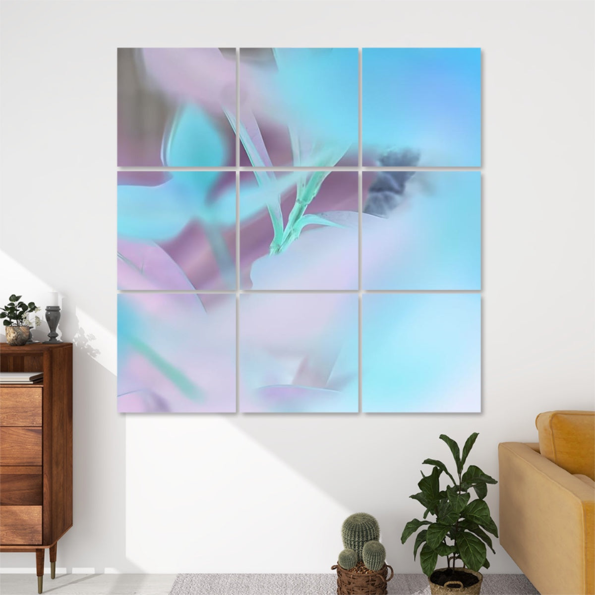 Inverted‑colour 3 × 3 acoustic panel set displaying abstract foliage with surreal negative hues and dreamy bokeh.