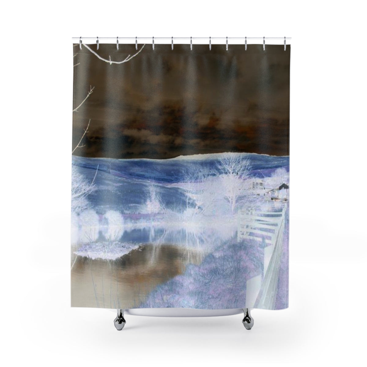 Artistic inverted version of the British countryside landscape, with high-contrast tones and stylized rural elements.