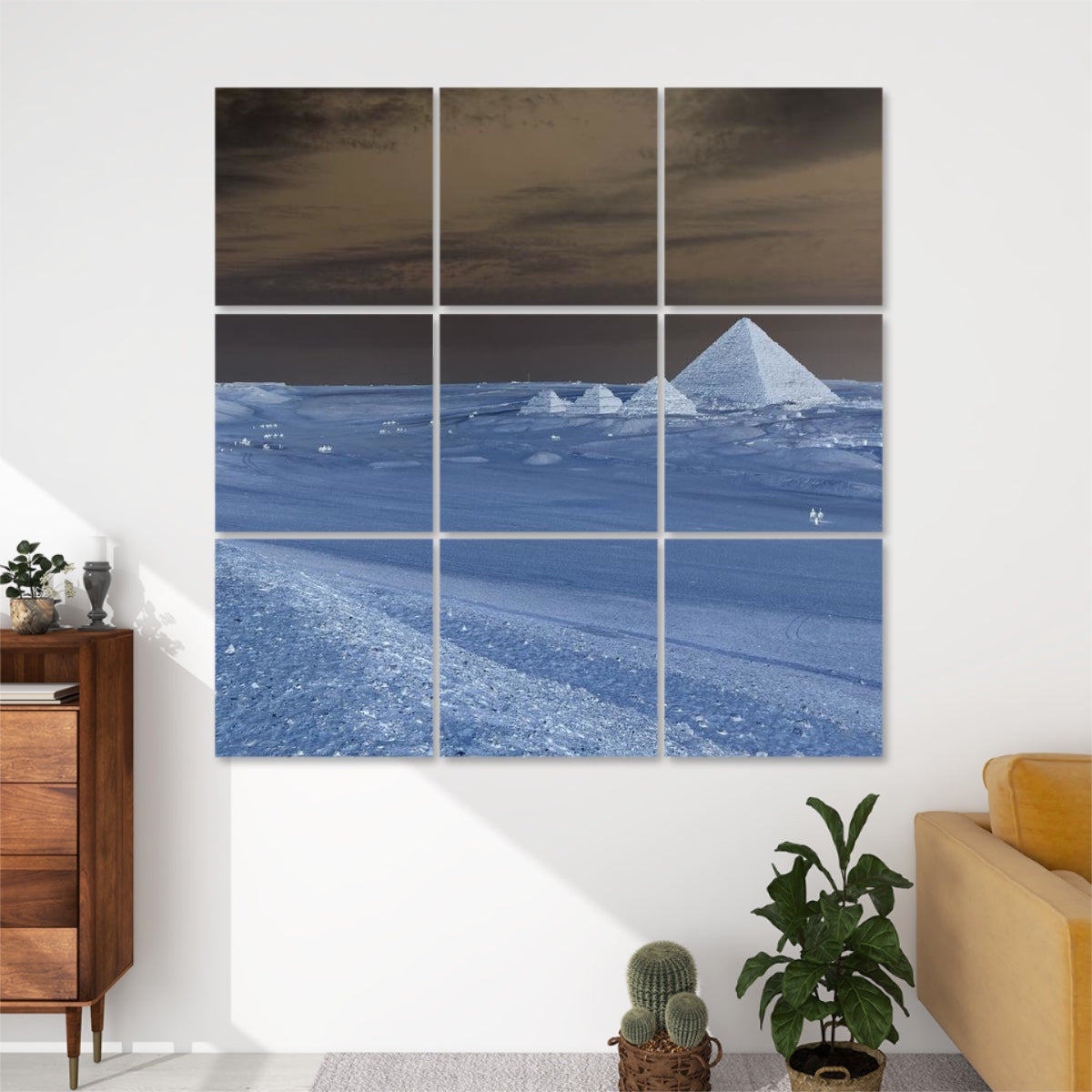 Inverted color version of Pyramid of Menkaure printed on polyester acoustic panels in 9-piece grid layout