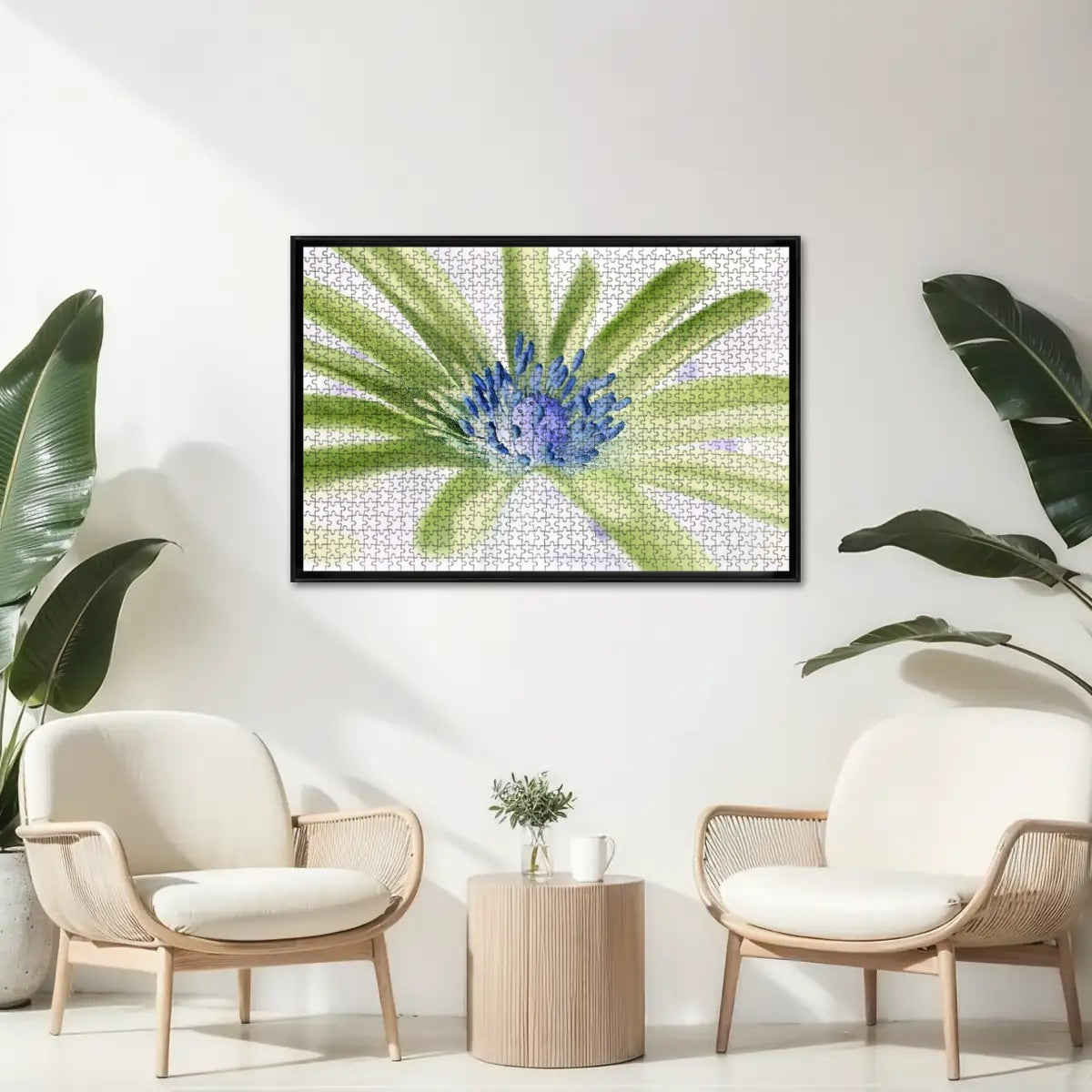 1000-piece wooden jigsaw puzzle showing a negative color version of a purple anemone, size 29.5" x 19.7"