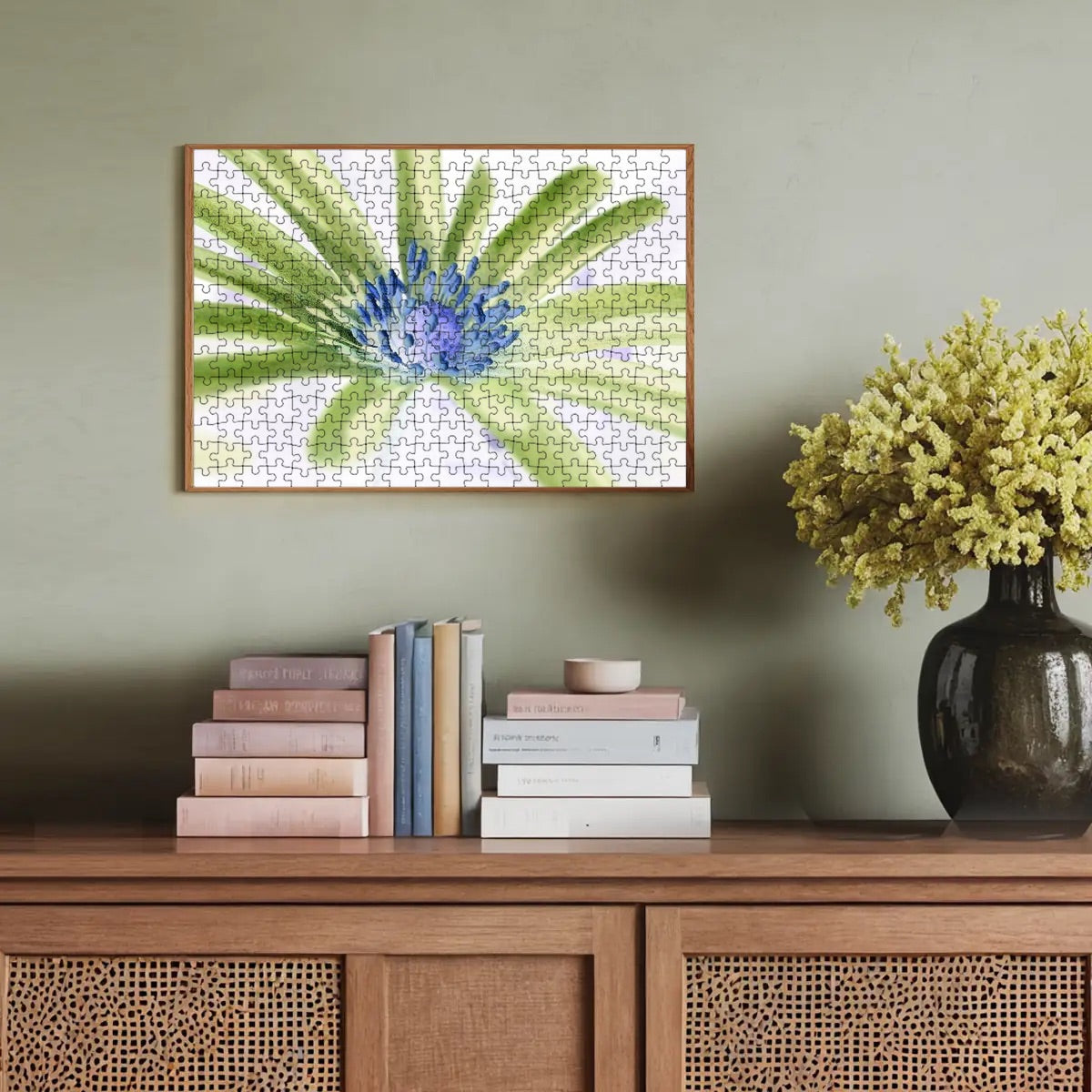 300-piece wooden jigsaw puzzle featuring an inverted color version of a purple anemone, size 15" x 10.2", weight 0.35 kg