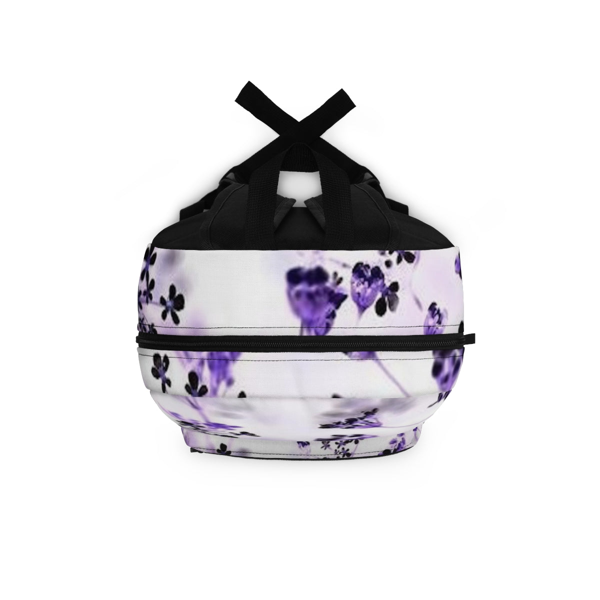 Top-down view of the inverted backpack, showcasing the zipper and strap area framed by stylized black-and-white floral elements.