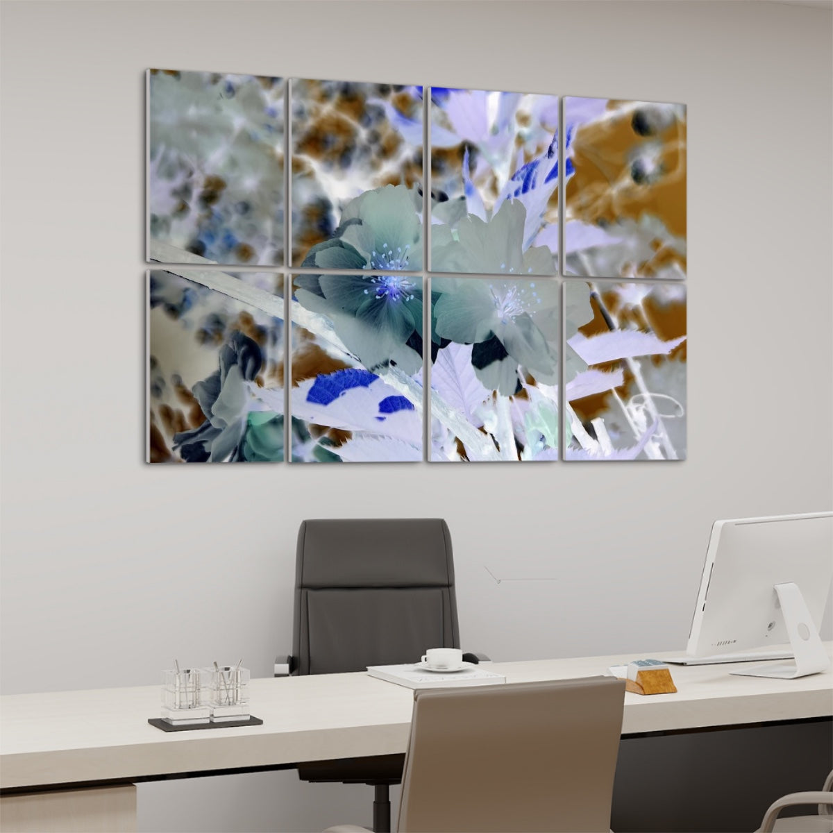 Inverted tone version of delicate blossoms and branches with reversed contrast, split between 8 decorative acoustic panels.