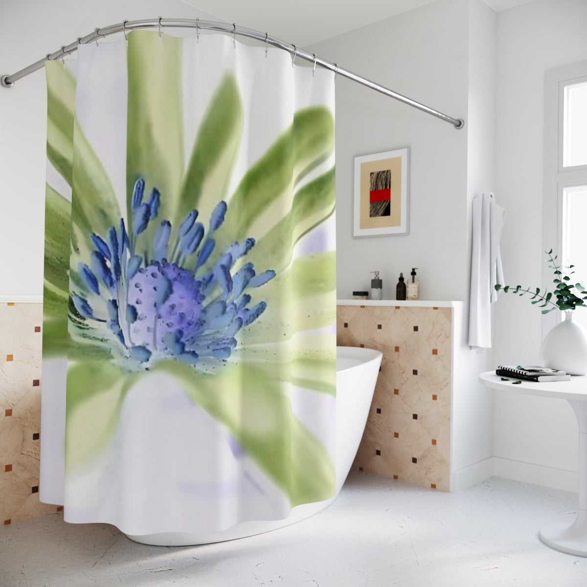 Inverted color version of Purple Anemone shower curtain showing dramatic reversed tones for an artistic look, 72x72 inches.