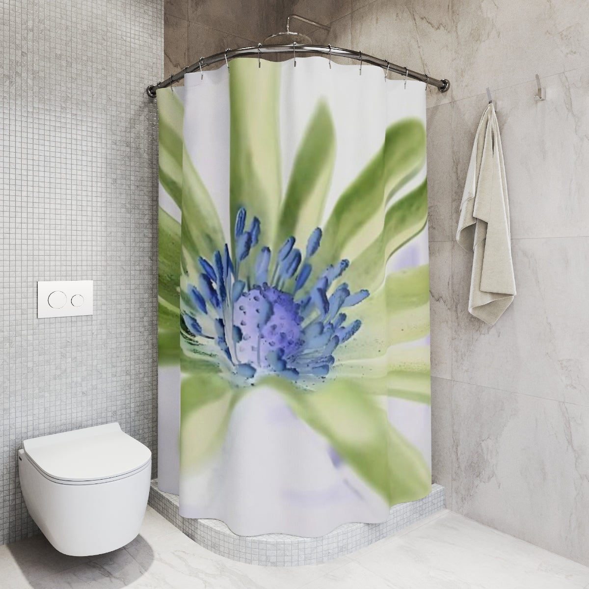 Inverted color version of Purple Anemone shower curtain showing dramatic reversed tones for an artistic look, 72x72 inches.