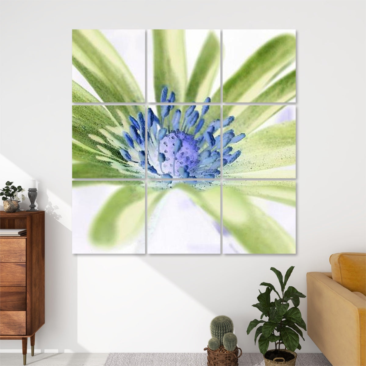 Inverted‑colour 3 × 3 acoustic panel set displaying a purple anemone with surreal negative hues.