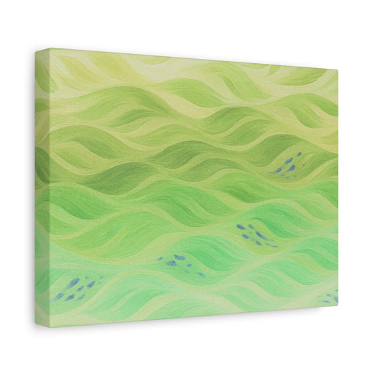 Pale green and cream-toned canvas art with an ethereal, inverted flow of soft curves and clustered accents