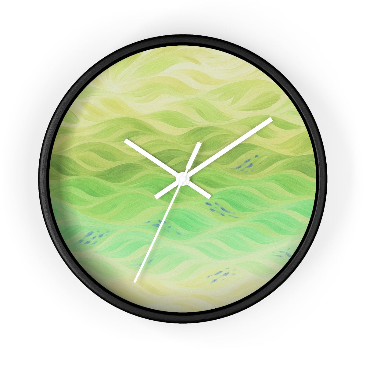 Round wooden clock featuring a painted black frame, white hour/minute/second hands, and a plexiglass face showing delicate yellow-to-green undulating wave patterns