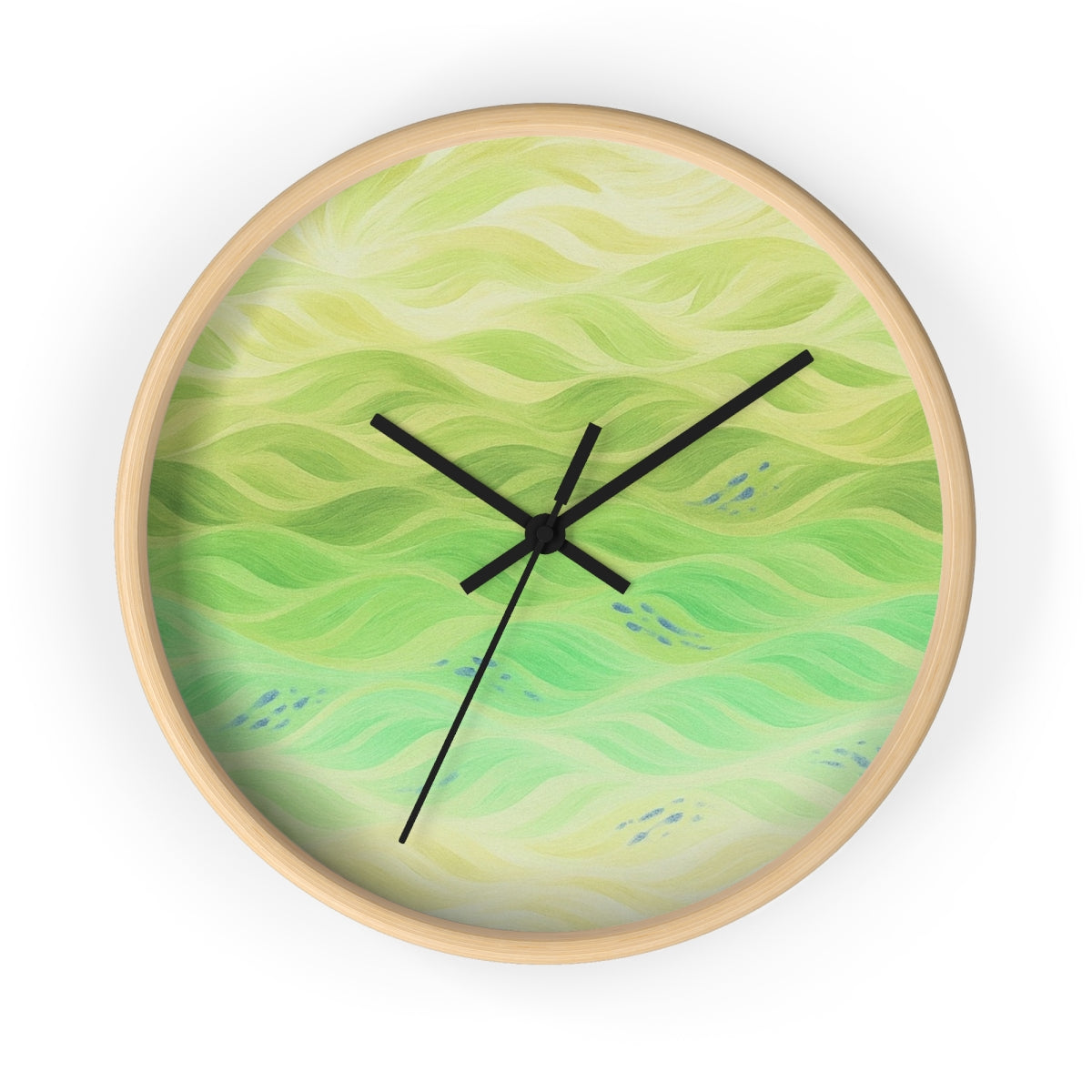 Round wooden wall clock in a natural maple-tone frame, black hour/minute/second hands, and a plexiglass face featuring pastel waves from lemon yellow to lime green
