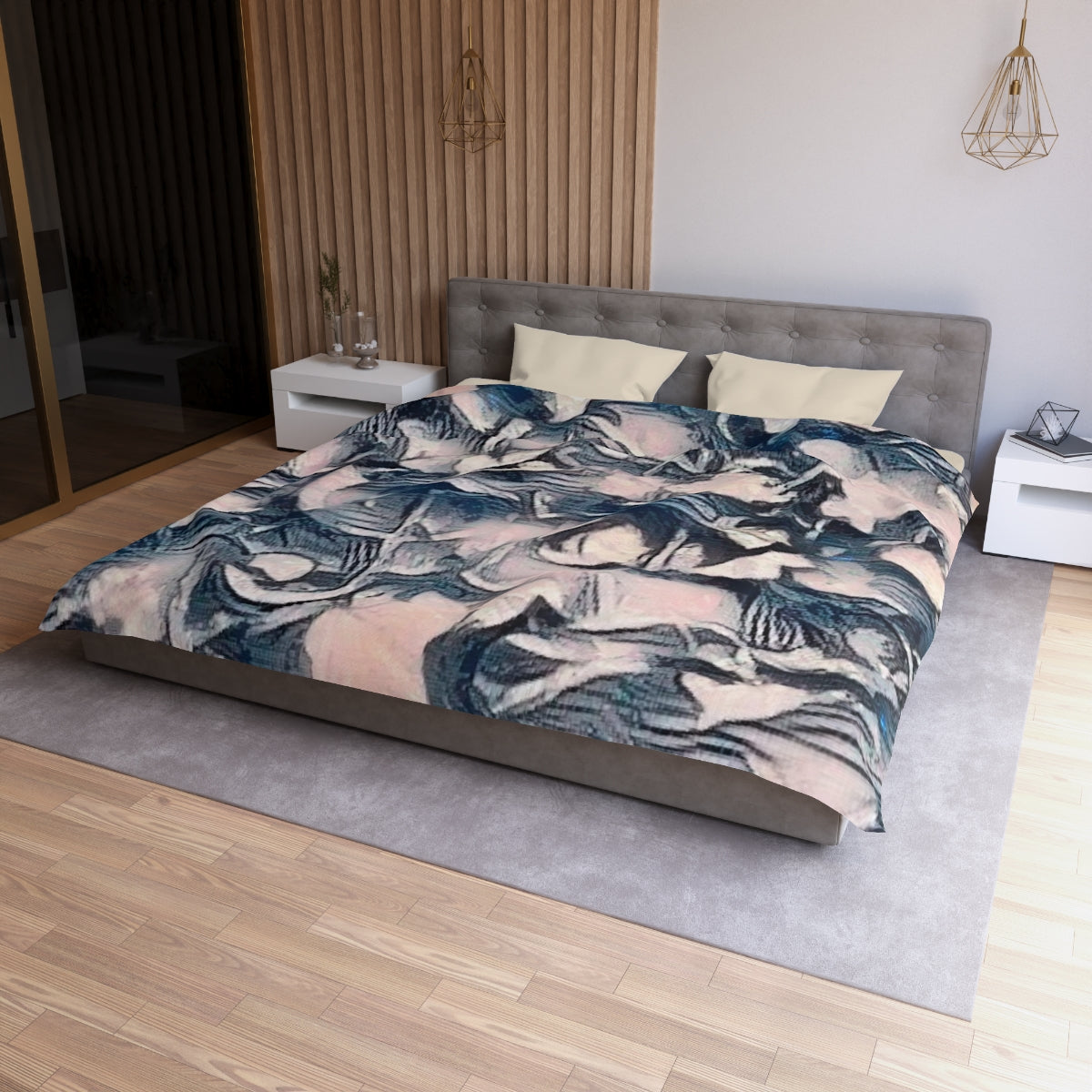 King size Slate Lace duvet cover with cream lining, soft leaf forms in pale pink and layered gray with boho texture
