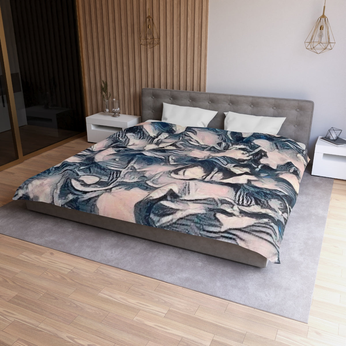 King size Slate Lace duvet cover with white lining, soft leaf forms in pale pink and layered gray with boho texture