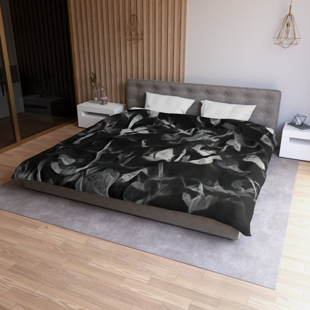 King size Sonata in Smoke duvet cover with white lining, abstract design of soft dark forms resembling swirling smoke