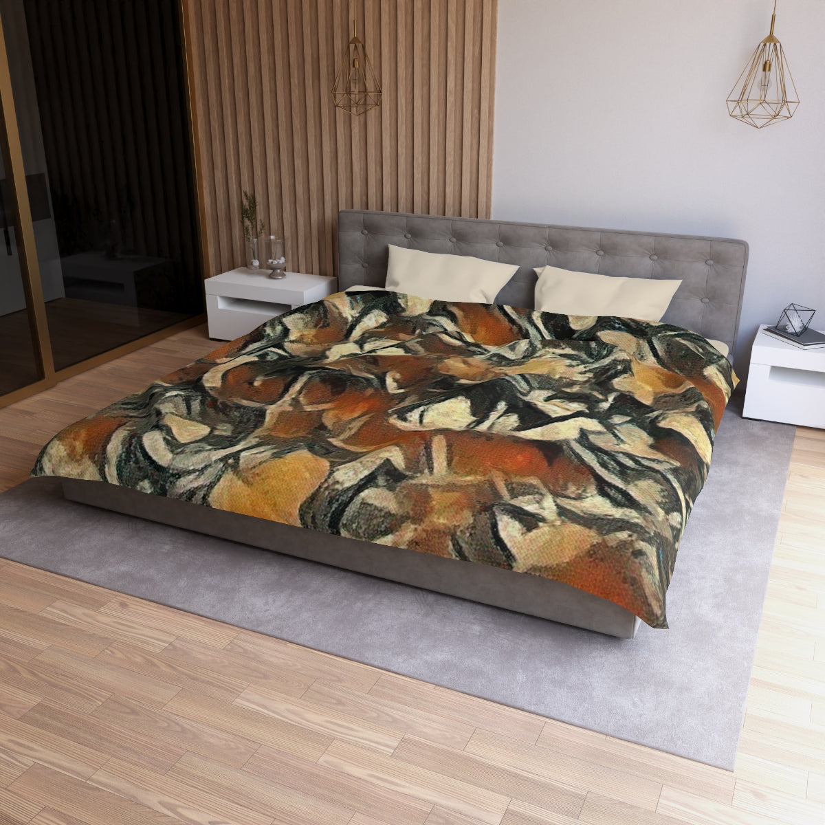 King size Terra Cadence duvet cover with cream lining, bold organic leaf composition in desert clay and dark olive