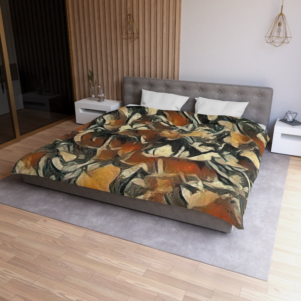 King size Terra Cadence duvet cover with white lining, bold organic leaf composition in desert clay and dark olive