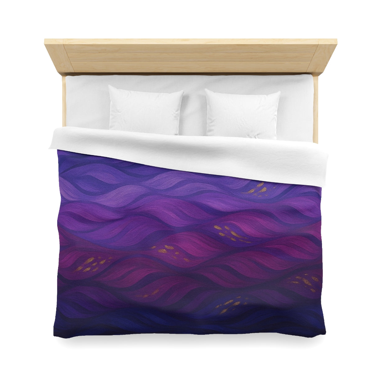 King size duvet cover in Full Color with white lining, featuring flowing multicolored waves and metallic dots