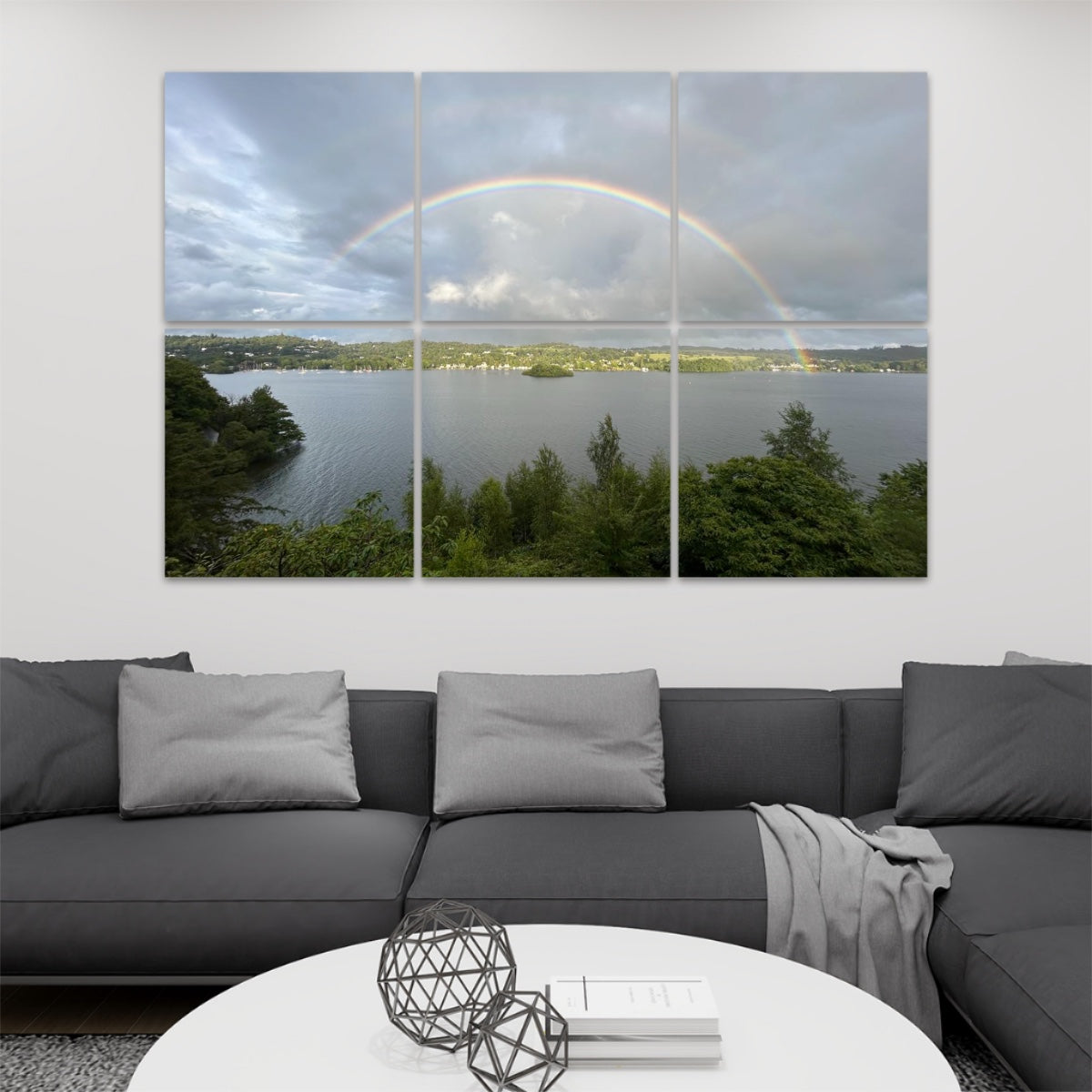 Lake Landscape Rainbow 6 Decorative Sound Absorbing Wall Panels above gray living room sofa showing lake and rainbow scenery
