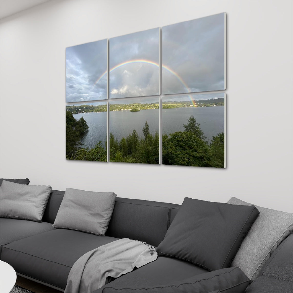 Lake Landscape Rainbow 6 Decorative Sound Absorbing Wall Panels six panel lake scene with rainbow over sofa in living room