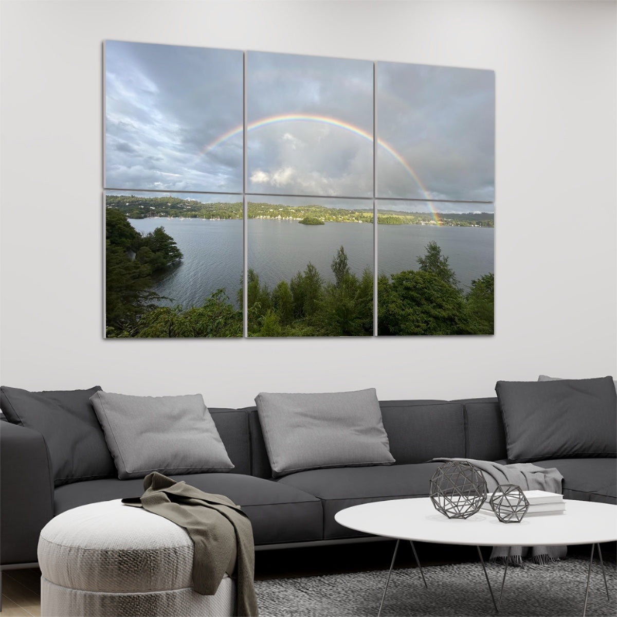 Lake Landscape Rainbow 6 Decorative Sound Absorbing Wall Panels panel lake and rainbow art over gray sofa in modern living room