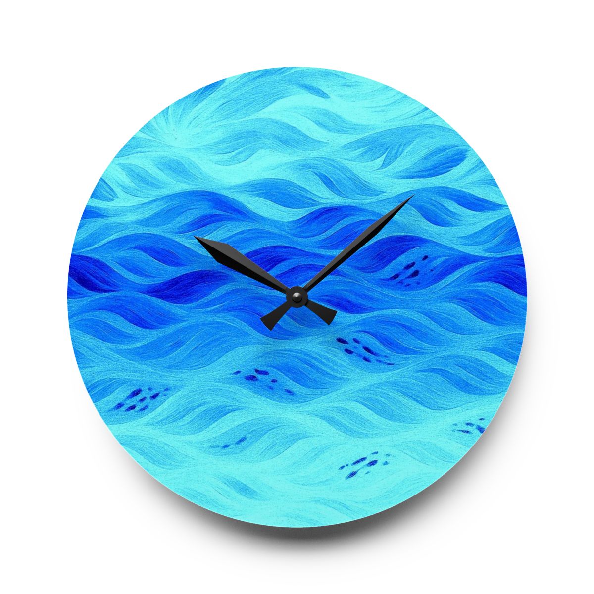 Large round acrylic wall clock (10.75" × 10.75") in sky blue with rhythmic painted waves