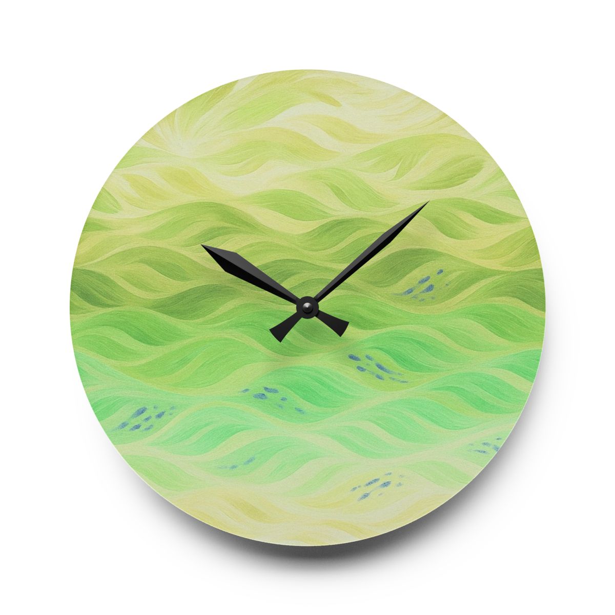Large round acrylic wall clock (10.75" × 10.75") featuring pastel green and yellow wave textures, minimalist design