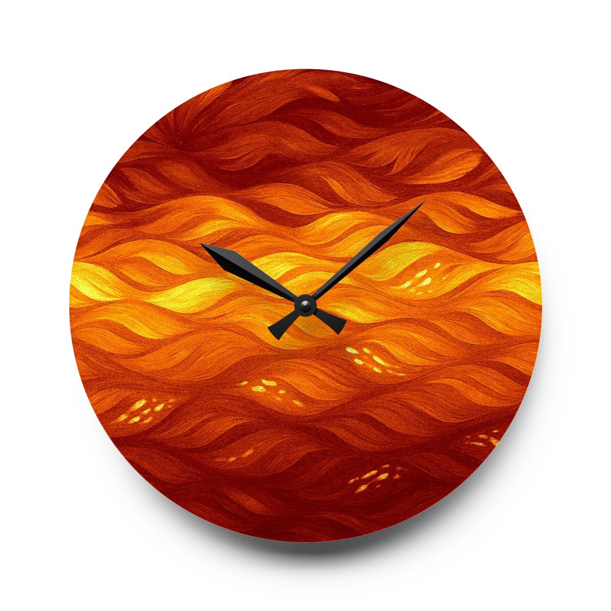 Large round acrylic wall clock (10.75" × 10.75") with vibrant ember-toned swirls and painterly texture
