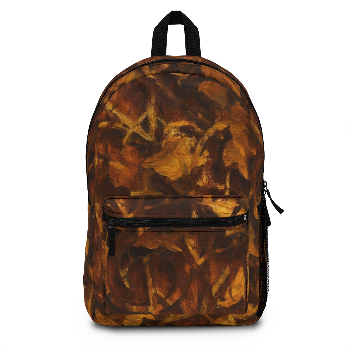 Front of a school backpack featuring an expressive mix of earthy browns and golden brushstrokes, creating a fine art-inspired leaf texture