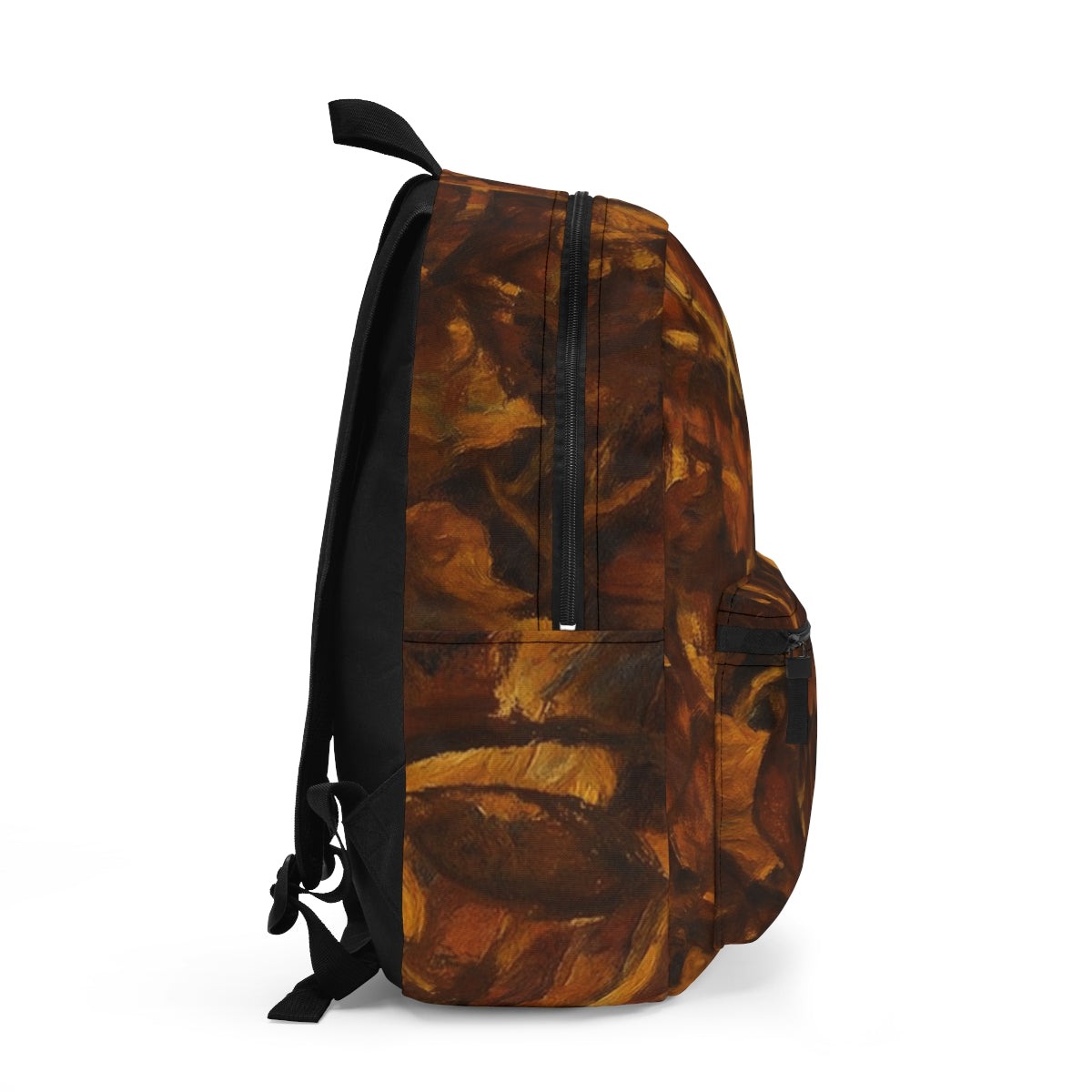 Right profile showing the continued autumnal abstract pattern and zipper seam