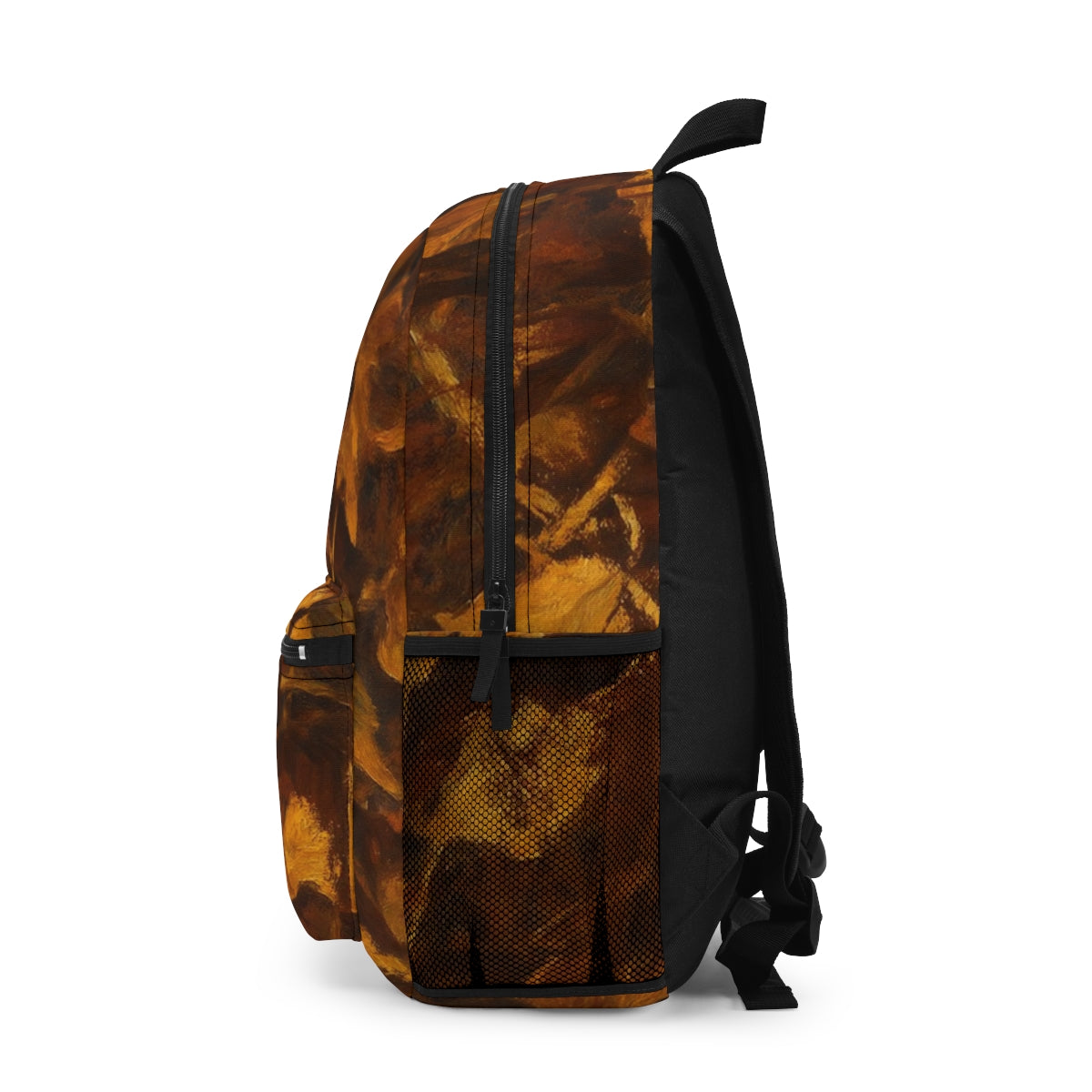 Left side of the backpack with painterly golden-brown leaf strokes and a black mesh bottle pocket