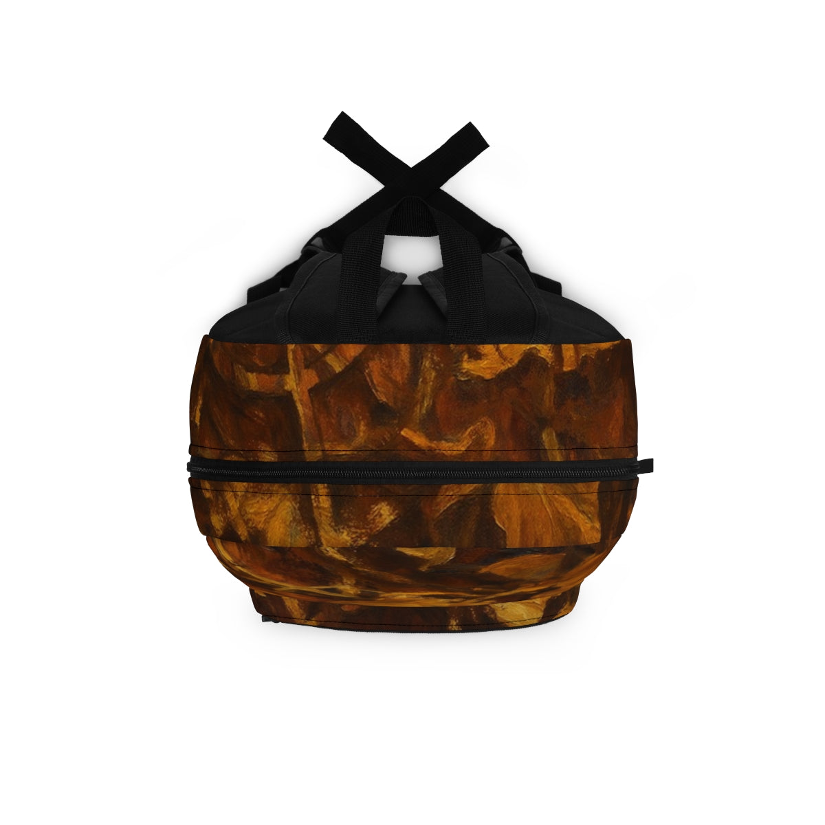 Top-down view of the backpack in layered brown and ochre tones with black fabric handle