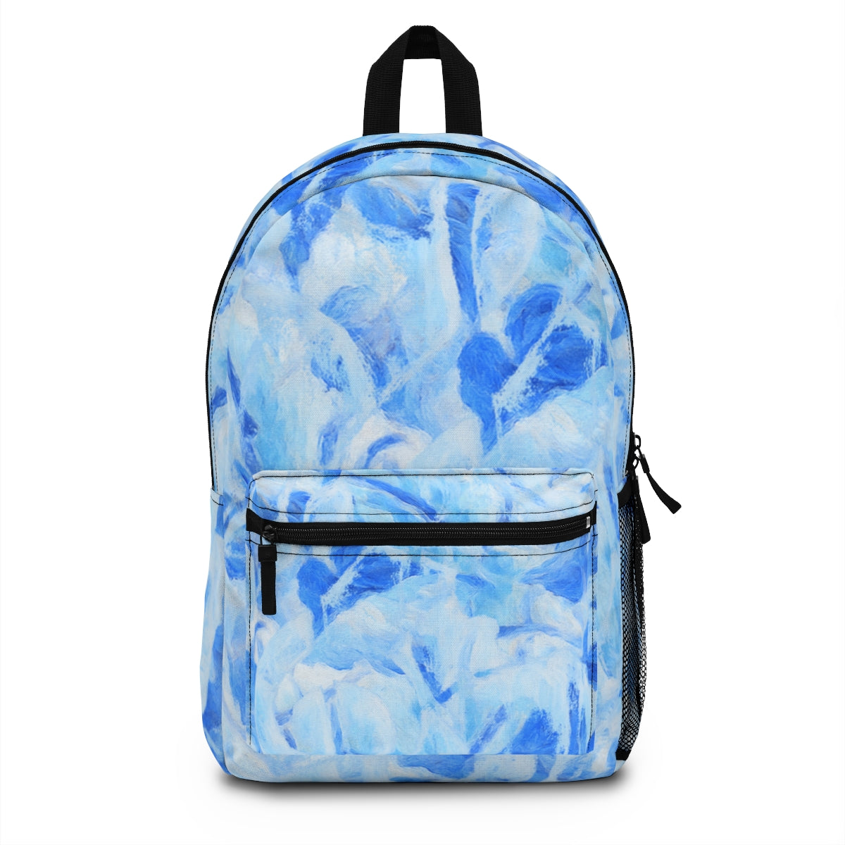 Front of a colorful backpack with swirling abstract leaves in sky blue and icy white, resembling fine art brushwork