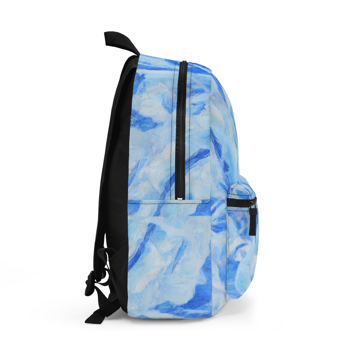 Right side showcasing layered blue tones in flowing organic shapes, accent zipper detail visible