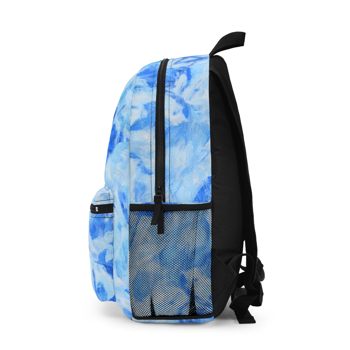 Left side of the backpack in cool blue gradients with leaflike textures and a mesh water bottle pocket