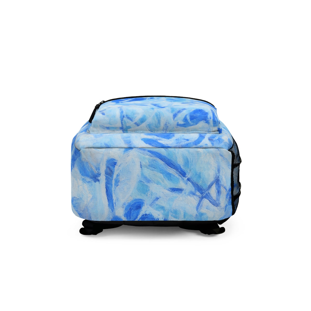 Bottom of the backpack in pale and rich blue hues with fluid brush-patterned movement